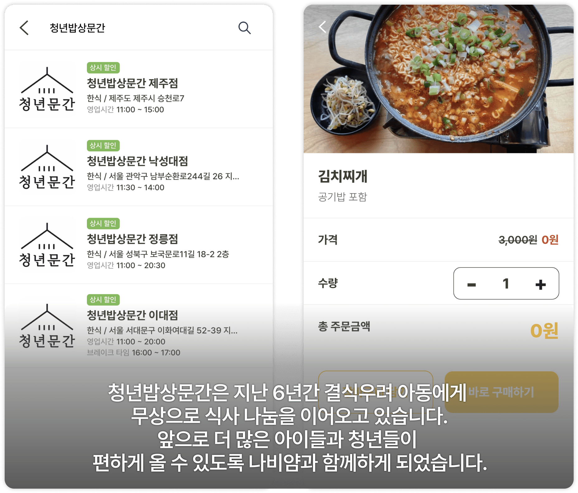 청년밥상문간은 지난 6년간 결식유려 아동에게 무상으로 식사 나눔을 이어오고 있어요. 앞으로 더 많은 아이들과 청년들이 편하게 올 수 있도록 나비얌과 함께하게 되었어요.